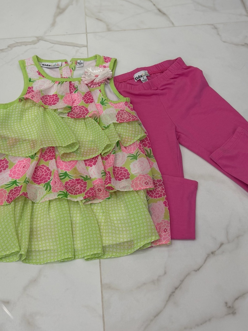 Kids Headquarters Pink & Lime Floral Ruffle Top with Pink Leggings